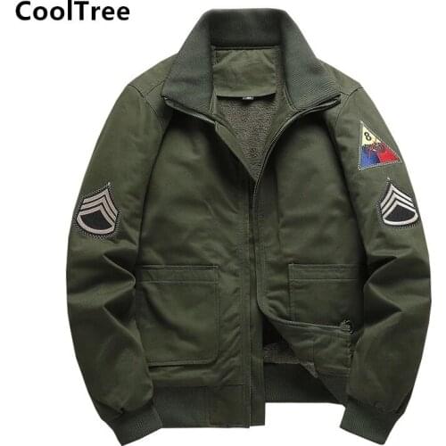 CoolTree Men Bomber Jacket Autumn Winter Plus velvet Thick Warm Military Coat Male Solid color Fit Pilot Outerwear Plus Size 6XL