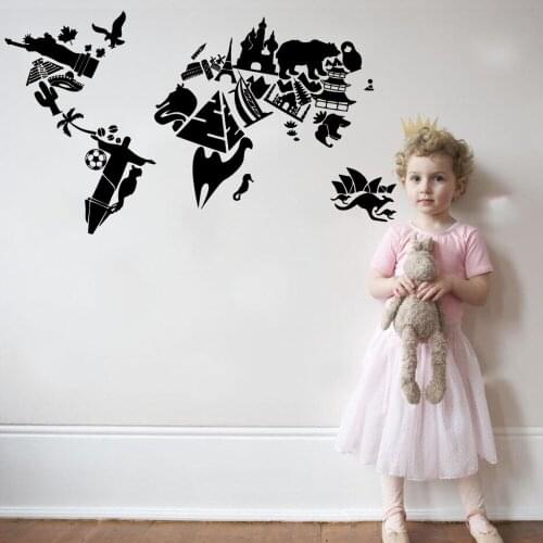 Hot Vinyl Sticker World Map Famous Places United States Russia Australia Symbol Wall Deca;l Bedroom Living Room Art Decal W-113