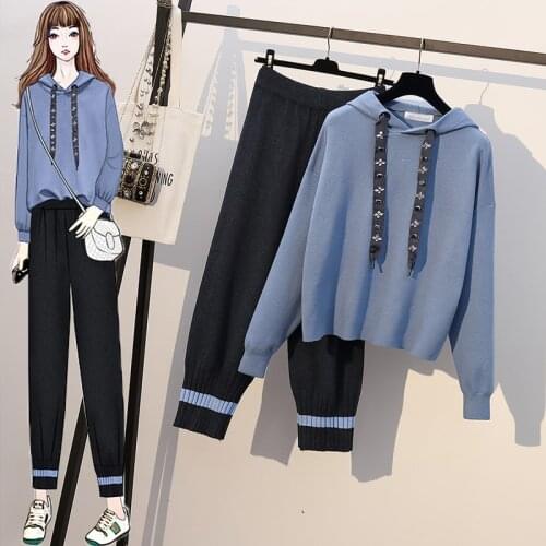 JSXDHK Large Size Sweater Two Piece Set Fall Winter Diamonds Bow Knitted Hooded Loose Pullover Tracksuits And Pencil Pants Suits