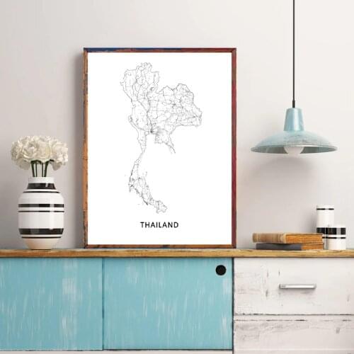 Thailand Map Canvas Poster Black White Wall Art Picture Prints Thailand Country Road Maps Modern Decoration Painting Home Decor