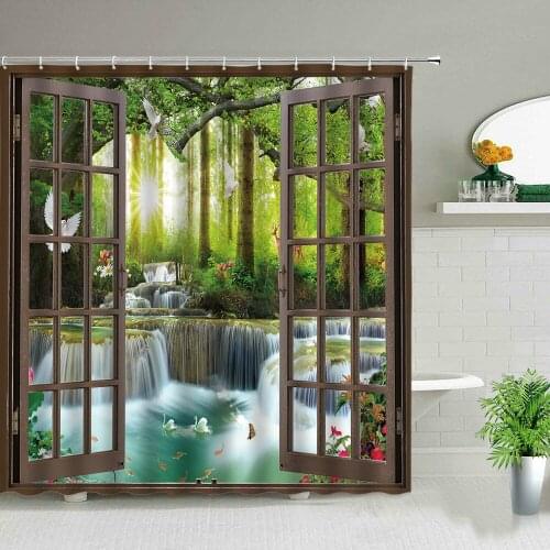 Landscape Shower Curtains Forest Waterfall Natural Scenery Tropical Jungle Bathroom Decor Set Bathtub Screen Waterproof Fabric