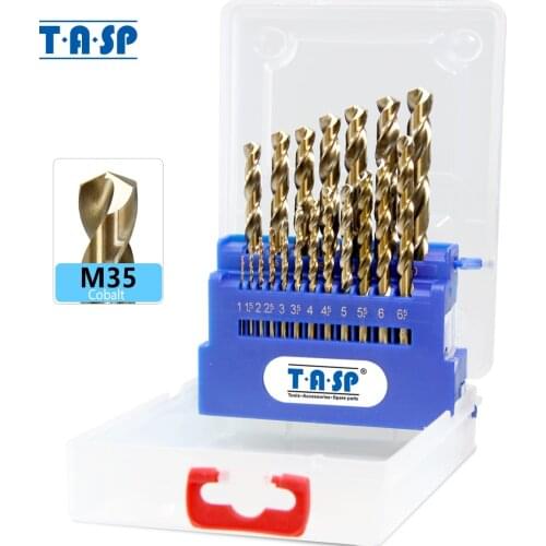 TASP 19pcs HSS M35 5% Cobalt Drill Bit Set 1.0~10mm for Stainless Steel Metal & Wood with Storage Box Power Tools Accessories