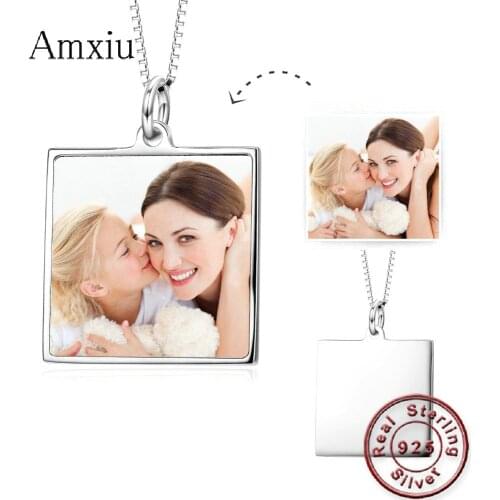 Amxiu Personalized Photo Necklace Custom Colorful Picture Necklace 925 Silver Necklace Square Pendant Necklace For Women Jewelry