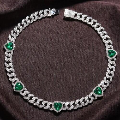 13mm New Full Prong Green Heart Hiphop Necklace for Women High Quality Miami Rhinestone Mens Grunge Iced Out Jewelry Rapper Male