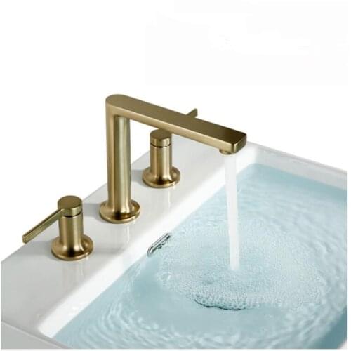 Widespread Basin Faucet three holes Bathroom hot and cold Brass Mixer Tap brush gold 8 inch Basin Water Sink Mixer crane