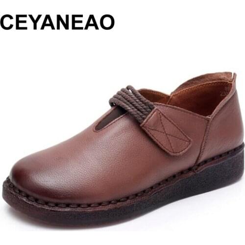 CEYANEAO 2018 new style comfortable Women Flats retro handmade Genuine Leather flat womens shoes pregnant women Driving Shoes