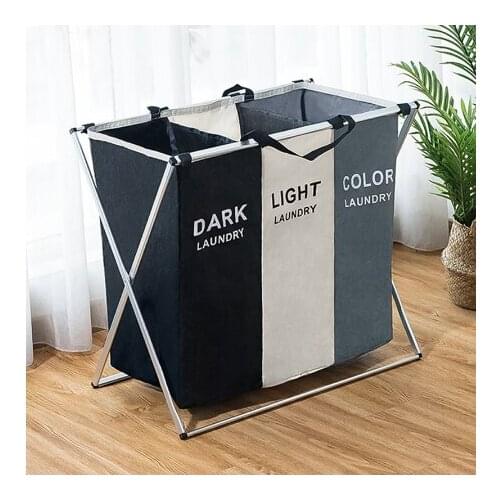 X-Shape Foldable Dirty Laundry Basket Organizer Printed Collapsible Three Grid Home Laundry Hamper Sorter Laundry Basket Large