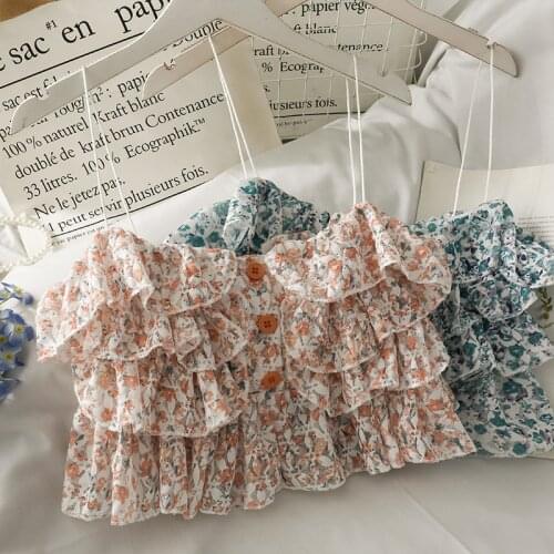 Printed three-button ruffled short camisole for women 2021 new outer wear all-match umbilical ruffles shirt