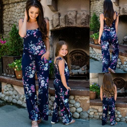 2019 Fashion Mommy and me clothes Family Matching Outfits Mom and daughter dress Girl Navy blue Floral Jumpsuits