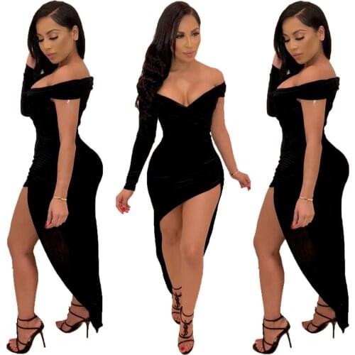 2021 Autumn Fashion Sexy Asymmetrical V-neck Diagonal Skirt Woman Dress