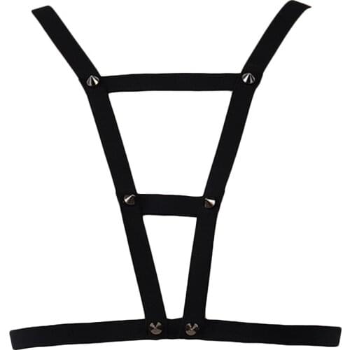 Women Rivet Black Body Harness Cage Bra Elastic Pastel Goth Sexy Lingerie Punk Bondage Harness Bra Rave Suspender Belt