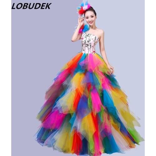 Embroidery Multi-colored Backless Long Dress Women Modern Dance Costumes Opening Dance Bubble Short Dress Singer Show Stage Wear