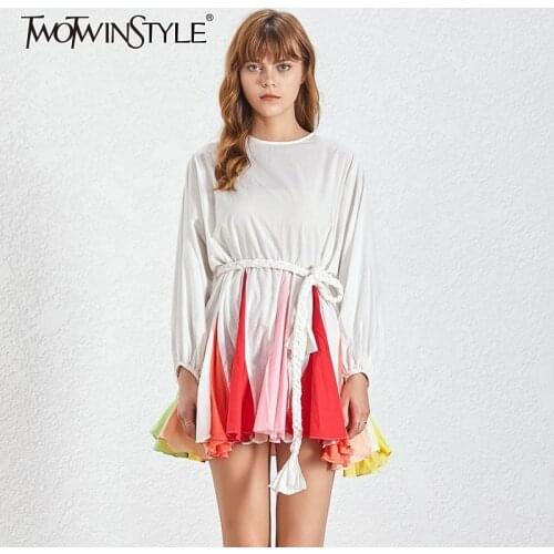 TWOTWINSTYLE Spring Hit Color Patchwork Womens Dress O Neck Puff Sleeve Bandage Pleated Dresses Female 2020 Casual Fashion New