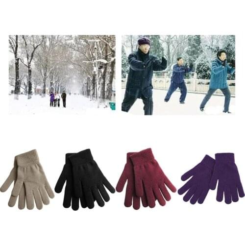 Women Men Winter Knit Thick Full Finger Gloves Solid Color Plush Lining Outdoor Windproof Thermal Mittens Hand Warmer