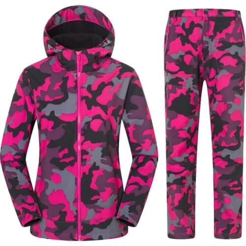 Winter Womens Hiking Fleece Thermal Softshell Camouflage Jacket Pants Suit Waterproof Outdoor Sports Camping Ski Trekking Sets