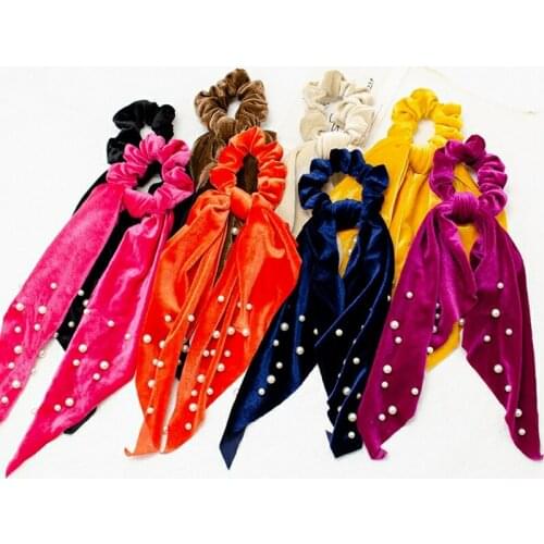 2021 women Hair scrunchies pleuche hair bands Ribbon and pearl European and American fashion hair bands
