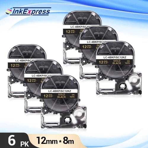 6Pcs SC12KZ Tape for Epson SC12KZ LK-4BKP 12mm Gold on Black Label Tape for Epson King Jim LW-300 LW-400 LW-700 Label Maker