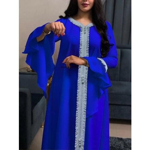 Abaya Dress Jalabiya for Women Fashion Flare Sleeve Ribbon Muslim Loose Robe Kafatan Moroco Arabic Clothing Blue White