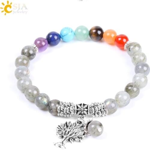 CSJA Chakras Labradorite Beads Bracelet Natural Stone Light Color Vintage Life Tree Bangles for Men Women Handmade Jewelry F126