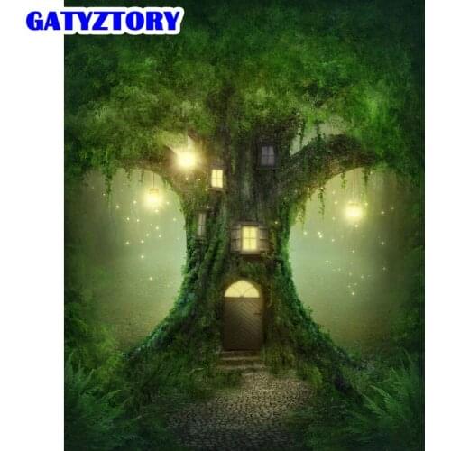 GATYZTORY DIY Pictures By Number Tree House Kits Painting By Numbers Landscape Drawing On Canvas Hand Painted Paintings Gift
