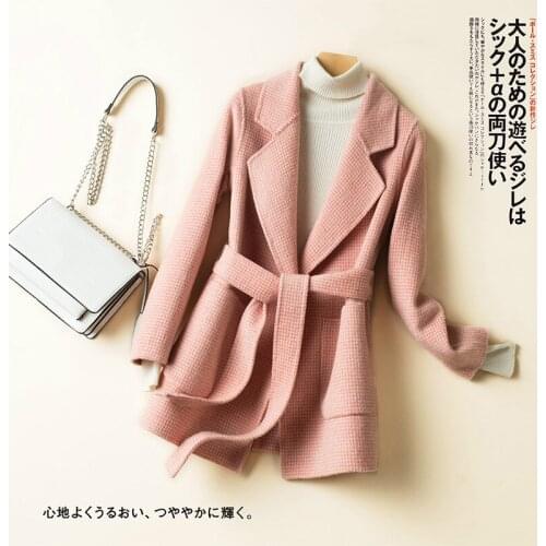 Korean Pink Plaid Double-faced Woolen Coats Women Autumn Winter Warm Sweet Clothing Sash Wool Coats kwaii students