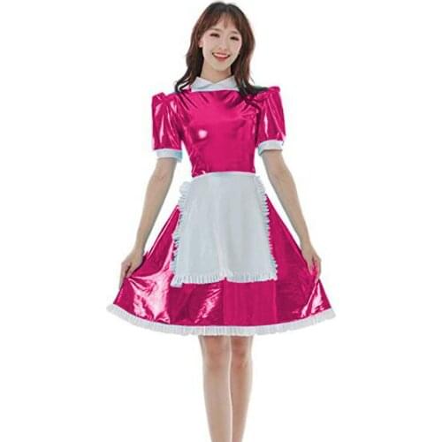PVC Leather Maid Dress with Apron Gothic Lolita Dress French Maid Cosplay Costume Sexy Uniform Outfit Plus Size 7XL