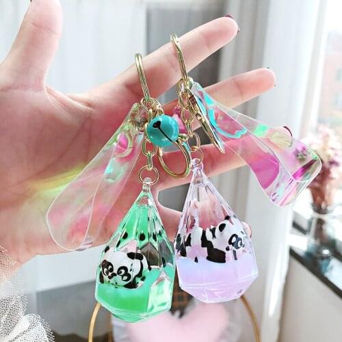 Creative Floating Panda Acrylic Bottle Keychain Moving Liquid Quicksand Drift Bottle Keyring for Women Bag Pendant Car Key Ring