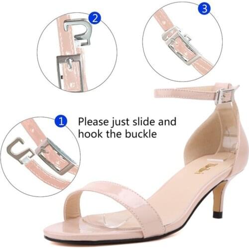 LOSLANDIFEN Womens Sandals Med Thin Heels Shoes Open Toe Summer Casual Wedding Buckle Patent Leather Nude Pumps 105-1PA