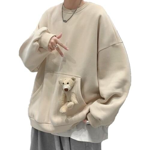 Autumn Winter Men Plus Velvet Harajuku Hoodies Drop Shoulder Casual Streetwear Young Boys Big Pocket With Bear Toy Sweatshirts