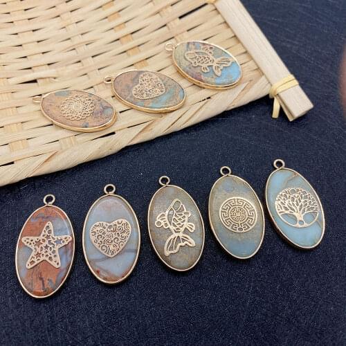 Natural Stone Pendant Shoushan Stone Pendant Oval Goldfish Starfish Pattern Metal Hemming Retro Necklace Bracelet Party Jewelry
