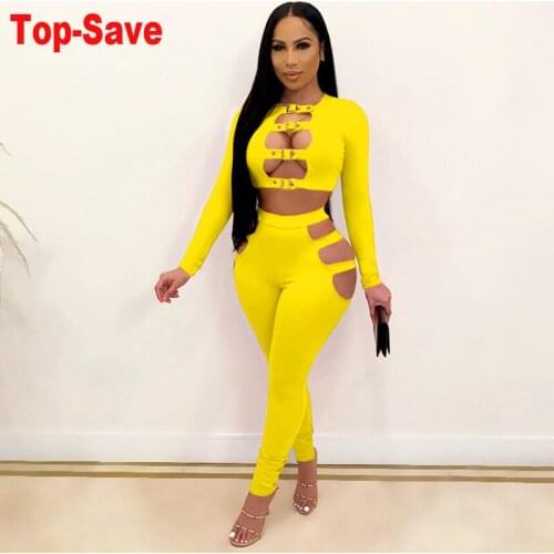 Holiday 2021 Autumn Tracksuit Women Two Piece Set High Waist Pencil Pants Hollow Basic Clubwear Ladies Set Long Sleeve Crop Top