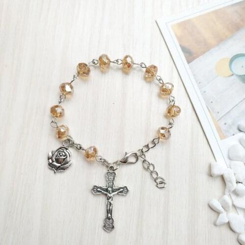 QIGO Catholic Cross Jewelry Champagne Crystal Strand Bracelets For Women