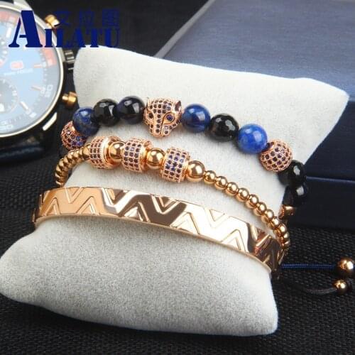 Luxury Blue Cz Cylinders Sets Bracelet Stainless Steel Bangles Top Quality Leopard Jewelry Free Logo Service