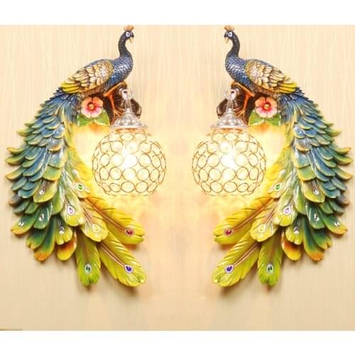 Modern Gold Colorful White Peacock Crystal Wall Lamp Creative Nordic Resin Metal Retro Aisle LED Wall Light