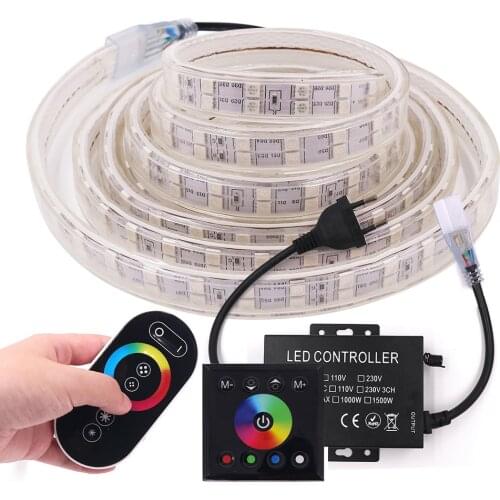 Super Bright RGB LED Strip Light 220V 5050 120LED/m Remote Control Waterproof Double Row Flex Ribbon Tape Light Home Decoration