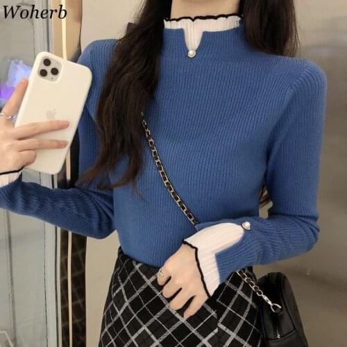 Woherb Striped Turtleneck Pullover Sweater Women Korean Slim-fit Stretch Knitted Tops Ladies Contrast Jumper 2020 Autumn Winter