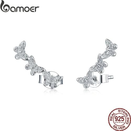 Bamoer Genuine 925 Sterling Silver Three Butterfly Insect Long Stud Earrings for Women Push Back Ear Pins Studs Jewelry BSE377