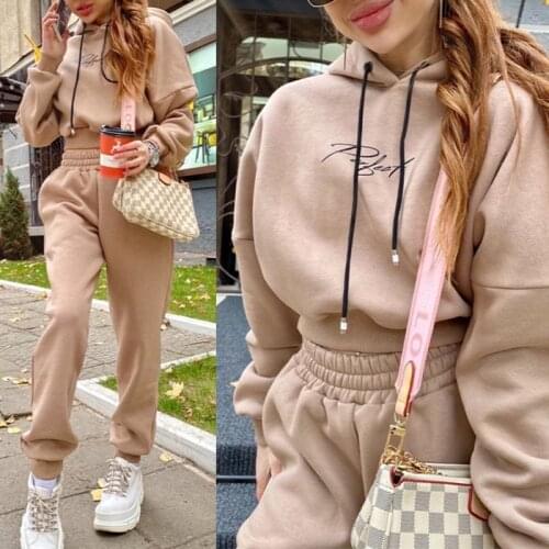 Women Hoodies Crop Top Two Pieces Set Tracksuit High Waist Pullover Hooded Fleece Sweater Outfits Autumn Winter Sportwear Sets