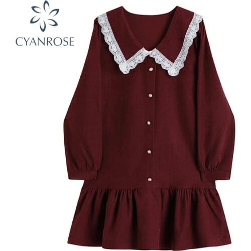 Lace Spliced Collar Crop Shirt Dresses Women Long Sleeve Korean Vintage Hem Wrinkled Single Breasted Elegant Elegant Vestidos