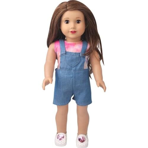 18 Inch American Doll Girls Clothes Pink Tie-dye Sleeveless Denim Pantsuit Born Baby Toy Accessories 43 Cm Boy Dolls D32