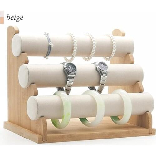 Bamboo Beige Three-layers Bracelet Watch Display Stand Bracelet Watch Necklace Head Rope Storage Rack Hair Ring Jewelry Displays