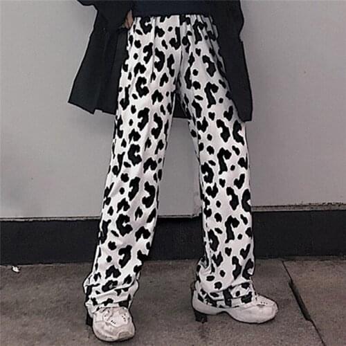 Cow Print Pants Korean Style Womens Printing Cow Wide Leg Harajuku Pants Summer Korean Clothes Streetwear