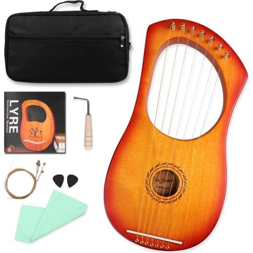 Wooden 7 Metal String Lyre Harp with Tuning Wrench Carry Bag Cleaning Cloth Picks Music instrument for Gift Children Beginner