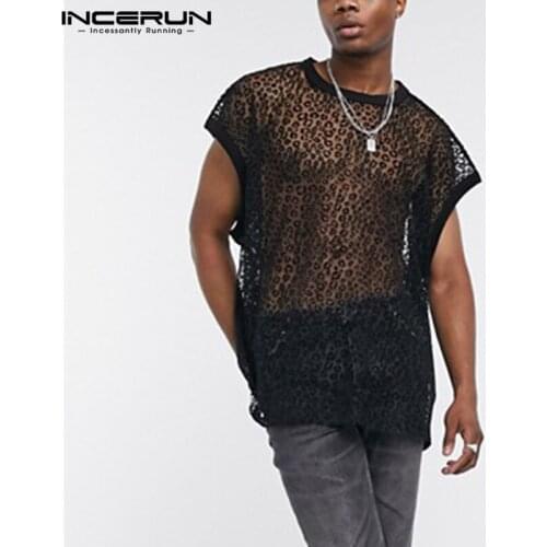 INCERUN Man Transparent Leopard Printed T-Shirts Streetwear Men Mesh T Shirts Fashion Short Sleeve O Neck Tees Punk Style 5XL 7