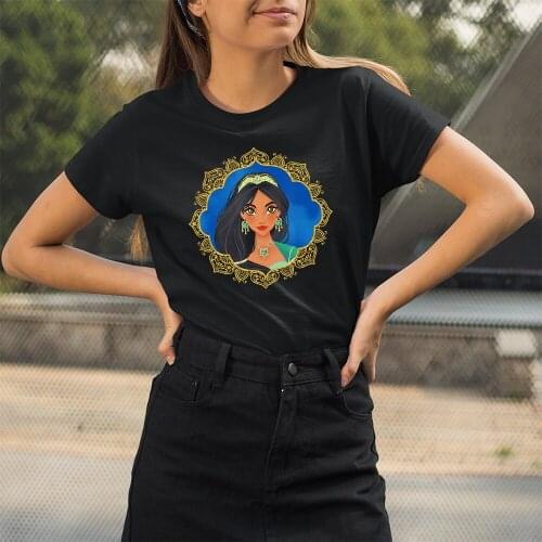 Disney Series T-shirt Summer New Products Black White Tees Princess Jasmine Pattern Cute Tshirts Kawaii Korean Style Trend Print
