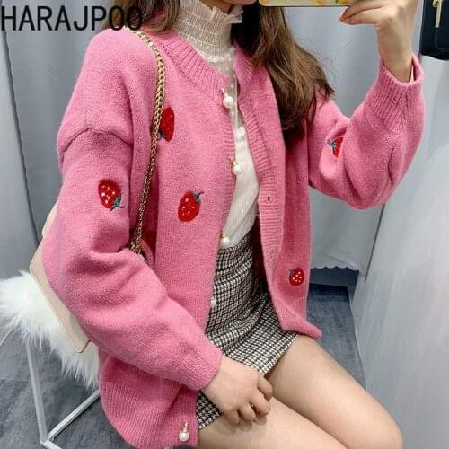 Harajpoo Women Sweaters Strawberry Cardigan 2021 New Autumn Knitted Jacket Female Ins Spring Autumn Students Sweet Loose Tops