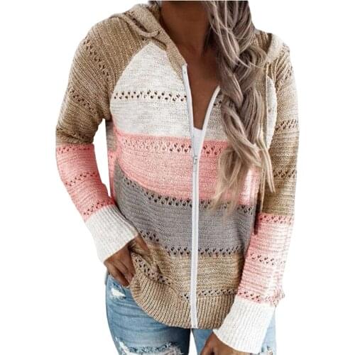 Women Hooded Long Sleeve Patchwork Cardigan Sweater Fashion Female Loose Casual Sweaters Autumn Winter Outfits Sweaters