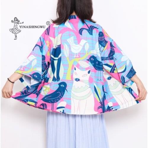 Cat Print Kimono Cardigan Women Japanese Traditional Style Haori Harajuku Cute Blouse Shirt Short Yukata Summer Spring Clothing