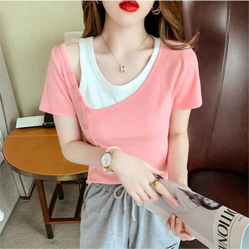 GGRIGHT Button Crop Top Women Short T-Shirt Polo Collar Vintage Korean Fashion Clothes Black 2021 Summer Woman White Haut Femme