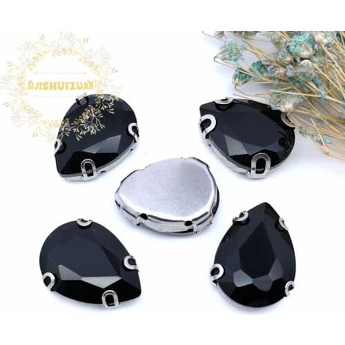 Best-selling! Black Water drop shape Glass Crystal sew on rhinestones with D-SHAPE claw Diy Wedding dress and Shoe